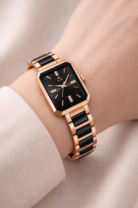 Luxury Rose Gold & Black Square Dial Women’s Watch – Designer Watch