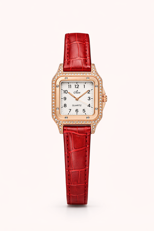 Luxury Rose Gold Square Crystal Women’s Watch – Red Leather Strap Watch