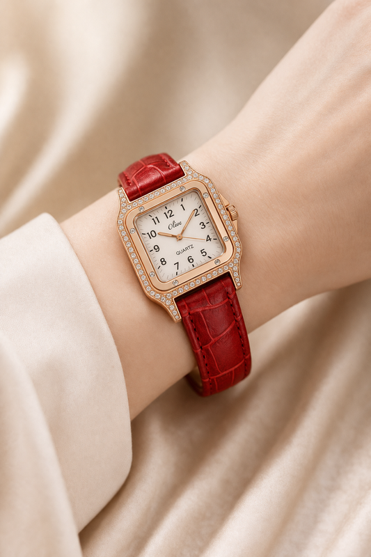 Luxury Rose Gold Square Crystal Women’s Watch – Red Leather Strap Watch