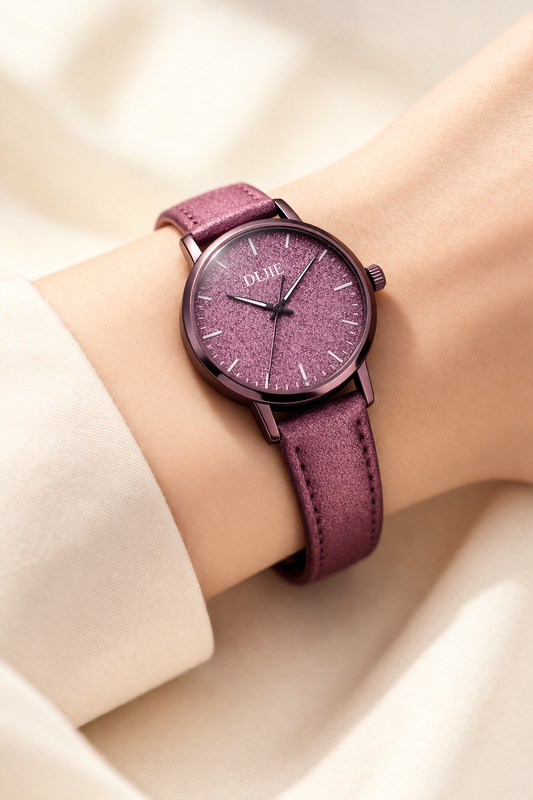 Elegant Metallic Pink Dial Women’s Watch – Stylish Leather Strap Watch