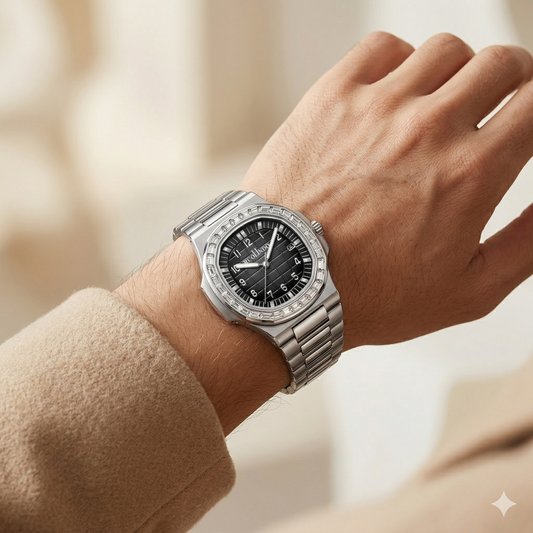 Luxury Diamond-Studded Stainless Steel Watch – Black Textured Dial