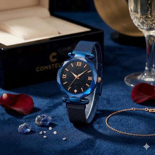 Luxury Black Dial Women’s Watch – Rose Gold Markers with Blue Mesh Strap