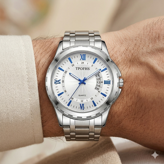 White Dial with Blue Markers & Date Display Watch