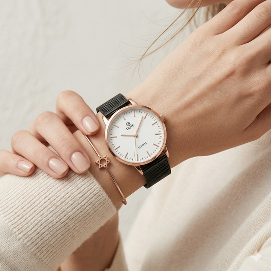 Rose Gold & Black Mesh Strap Watch – Elegant Everyday Watch for Women