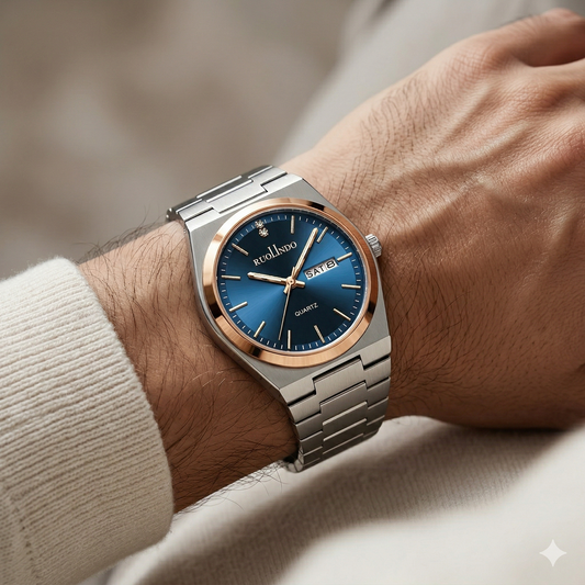Blue Sunray Dial with Rose Gold Bezel & Day-Date Display Watch