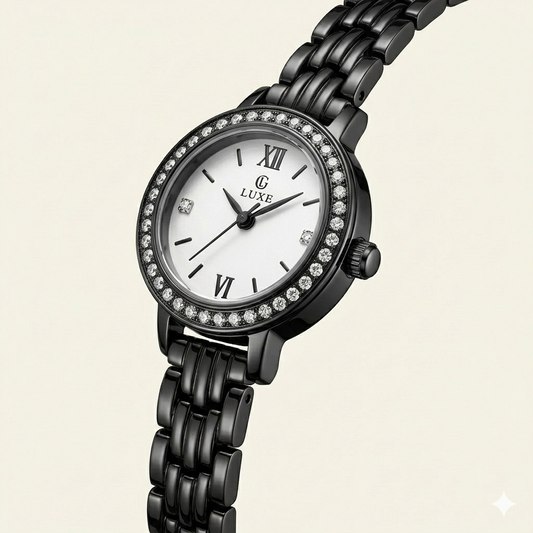 Luxury Crystal Bezel Women’s Watch – Elegant Black Watch