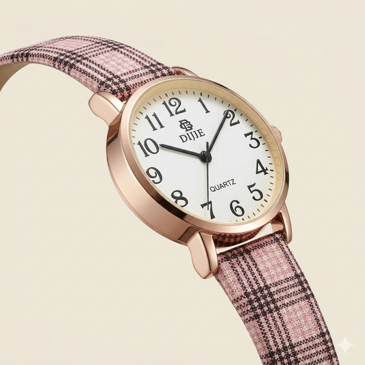 Classic White Dial Women’s Watch – Rose Gold Case with Pink Check Strap