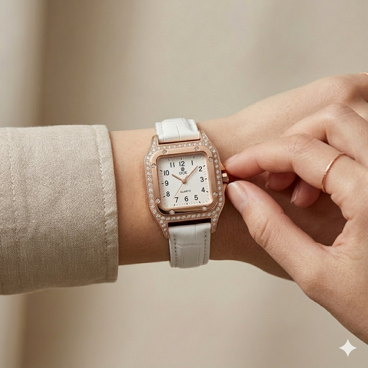Luxury Rose Gold Square Crystal Women’s Watch – White Leather Strap Watch