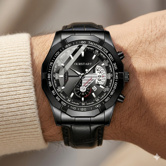 Men’s Black Chronograph Watch – Tachymeter Dial with Leather Strap