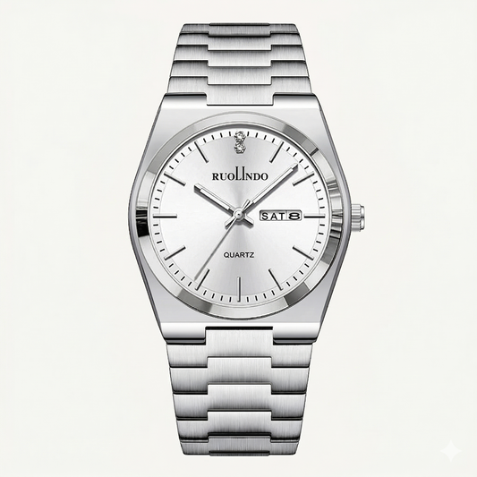 Classic White Dial with Polished Silver Bezel & Day-Date Display Watch