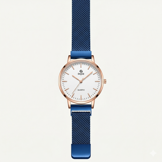 Rose Gold & Blue Mesh Strap Watch – Elegant Everyday Watch for Women