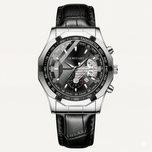 Men’s Silver Chronograph Watch – Black Dial with Leather Strap