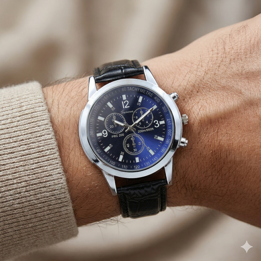 Men’s Silver Chronograph Watch – Black Dial with Leather Strap