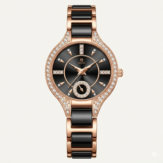 Luxury Rose Gold & Black Crystal Women’s Watch – Designer Bracelet Watch