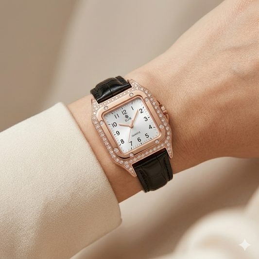 Luxury Rose Gold Square Crystal Women’s Watch – Black Leather Strap Watch