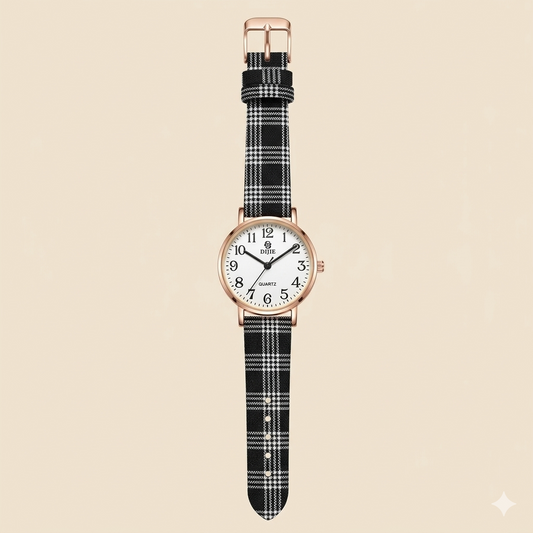 Classic White Dial Women’s Watch – Rose Gold Case with Black Check Strap