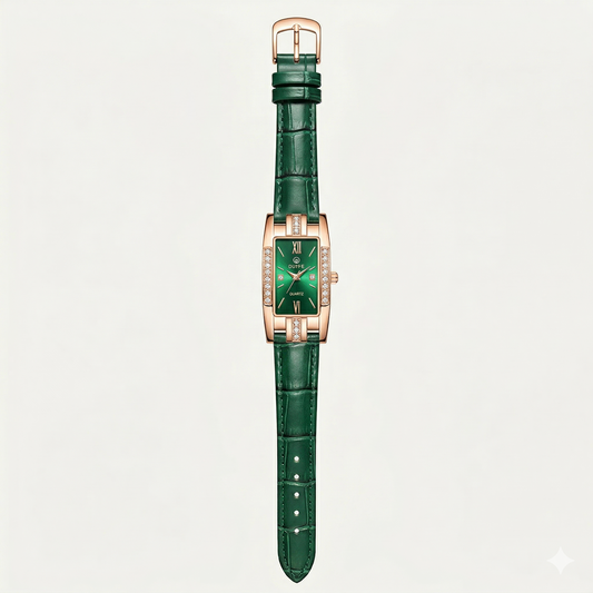 Luxury Rose Gold Rectangular Green Dial Women’s Watch