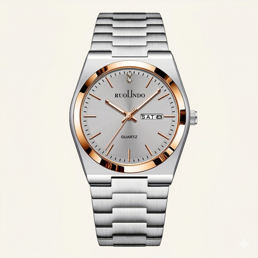 Silver Sunray Dial with Rose Gold Accents & Day-Date Display Watch