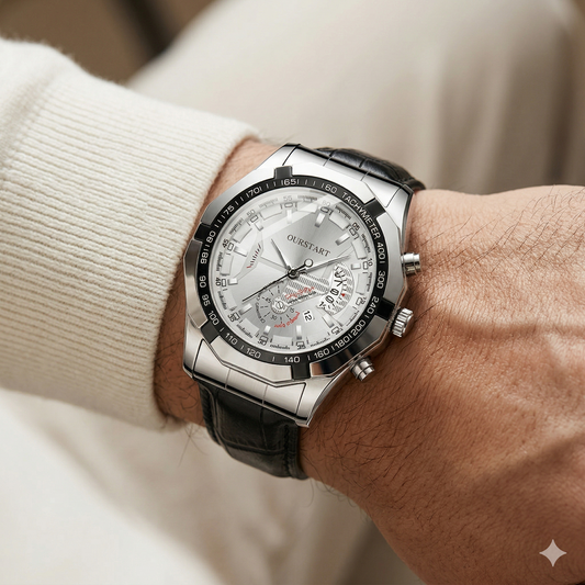 Men’s Silver Chronograph Watch – White Dial with Leather Strap