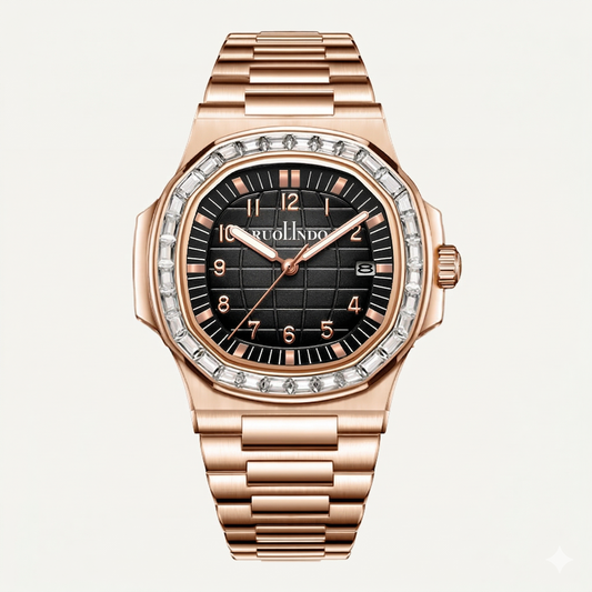 Luxury Rose Gold Watch – Black Dial with Diamond-Style Bezel