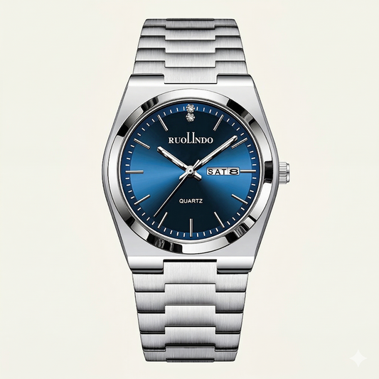 Blue Sunray Dial with Polished Silver Bezel & Day-Date Display Watch