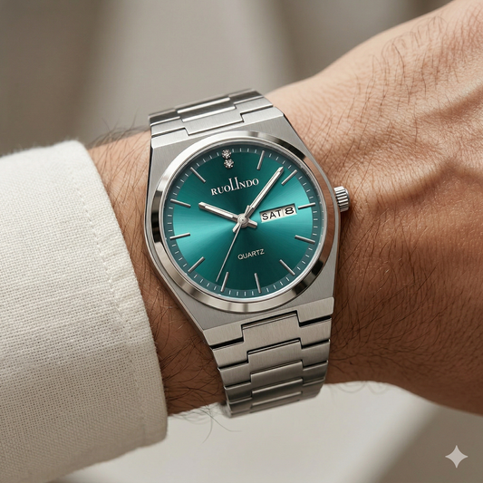 Emerald Green Sunray Dial with Polished Silver Bezel & Day-Date Display Watch