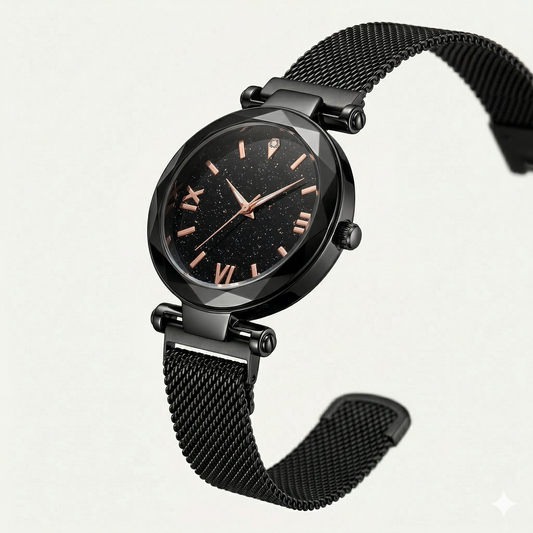 uxury Black Dial Women’s Watch – Rose Gold Markers with Black Mesh Strap