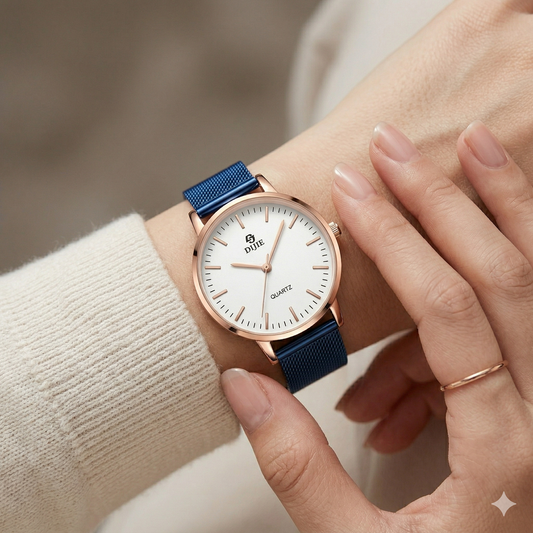 Rose Gold & Blue Mesh Strap Watch – Elegant Everyday Watch for Women