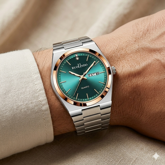 Green Sunray Dial with Rose Gold Bezel & Day-Date Display Watch