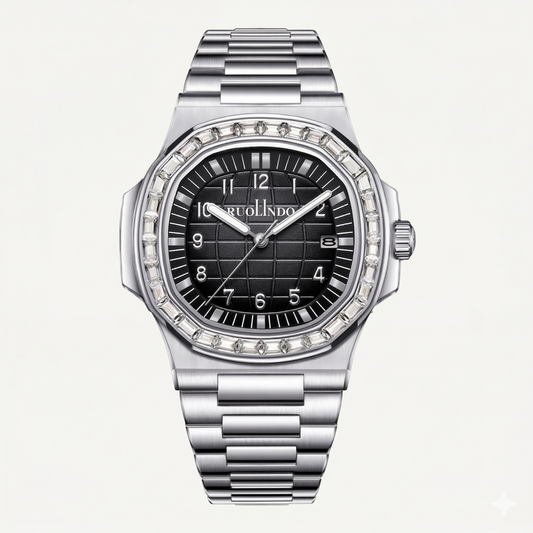 Luxury Diamond-Studded Stainless Steel Watch – Black Textured Dial