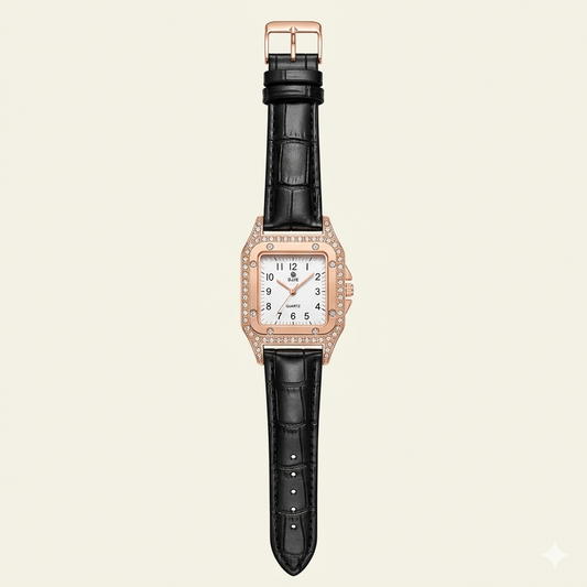 Luxury Rose Gold Square Crystal Women’s Watch – Black Leather Strap Watch