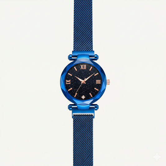 Luxury Black Dial Women’s Watch – Rose Gold Markers with Blue Mesh Strap