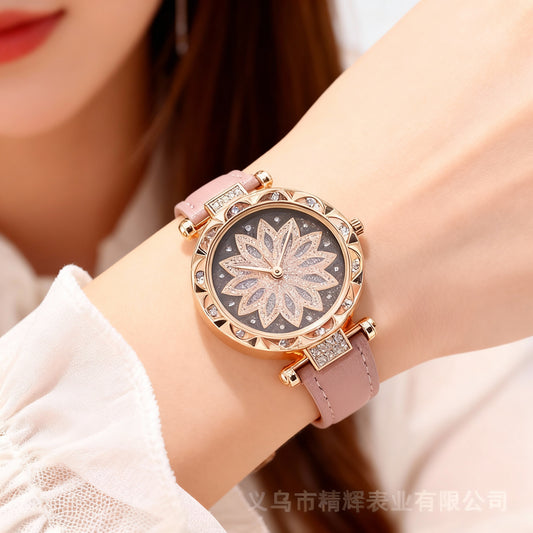 Elegant Floral Crystal Dial Women’s Watch with Pink Leather Strap