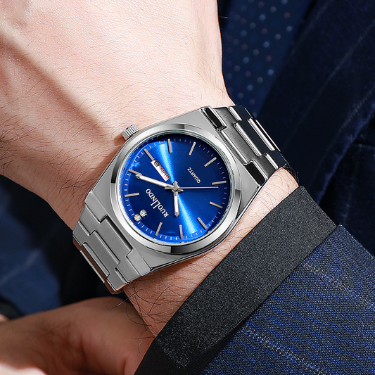 Blue Sunray Dial with Polished Silver Bezel & Day-Date Display Watch